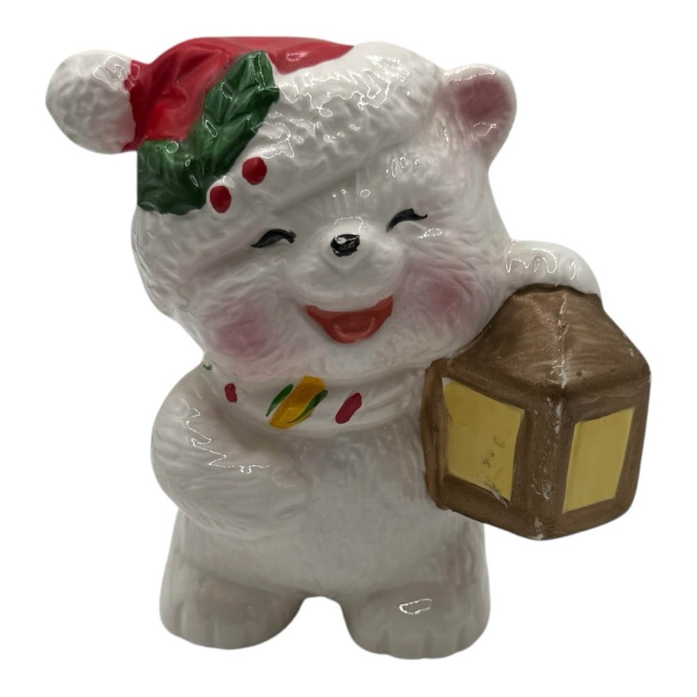 Vintage Enesco Christmas Bear Figurine – Lantern Bear Holiday Decor